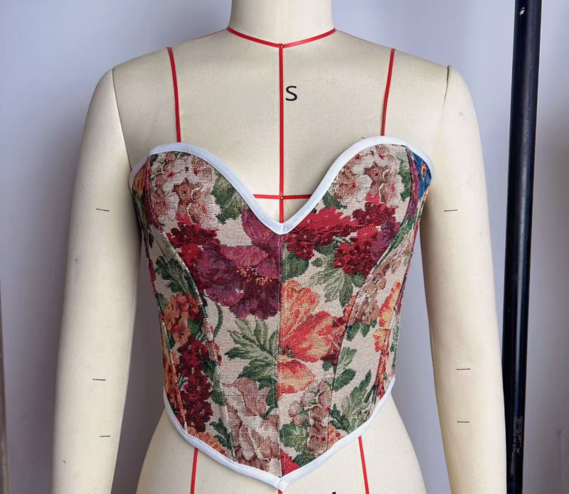 Bustier топ с костни ребра и флорален принт, къс модел, дължина 40–50 cm, полиестер с еластан