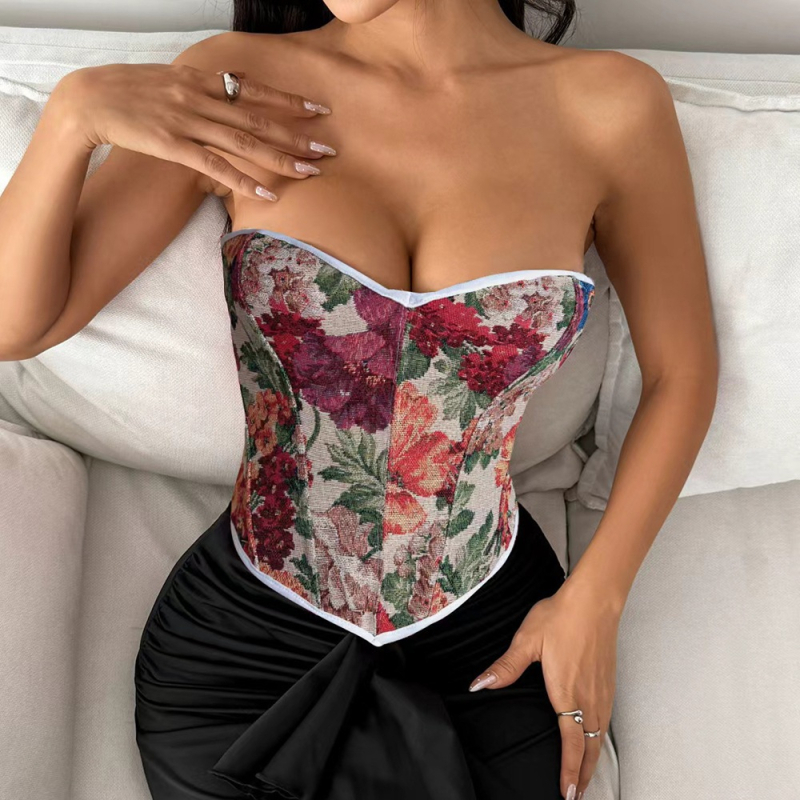 Bustier топ с костни ребра и флорален принт, къс модел, дължина 40–50 cm, полиестер с еластан