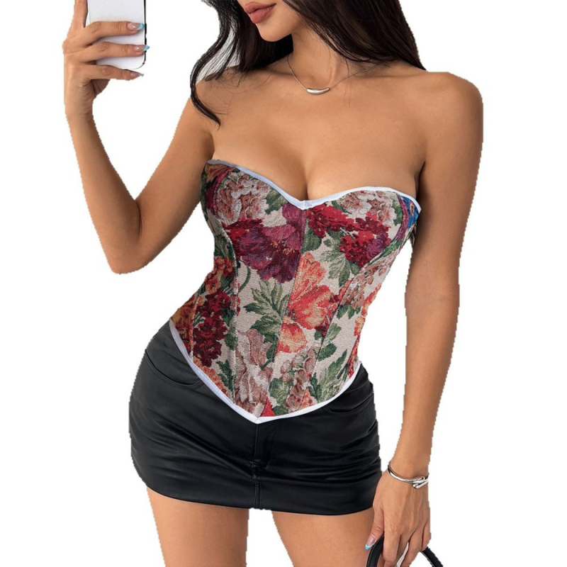 Bustier топ с костни ребра и флорален принт, къс модел, дължина 40–50 cm, полиестер с еластан