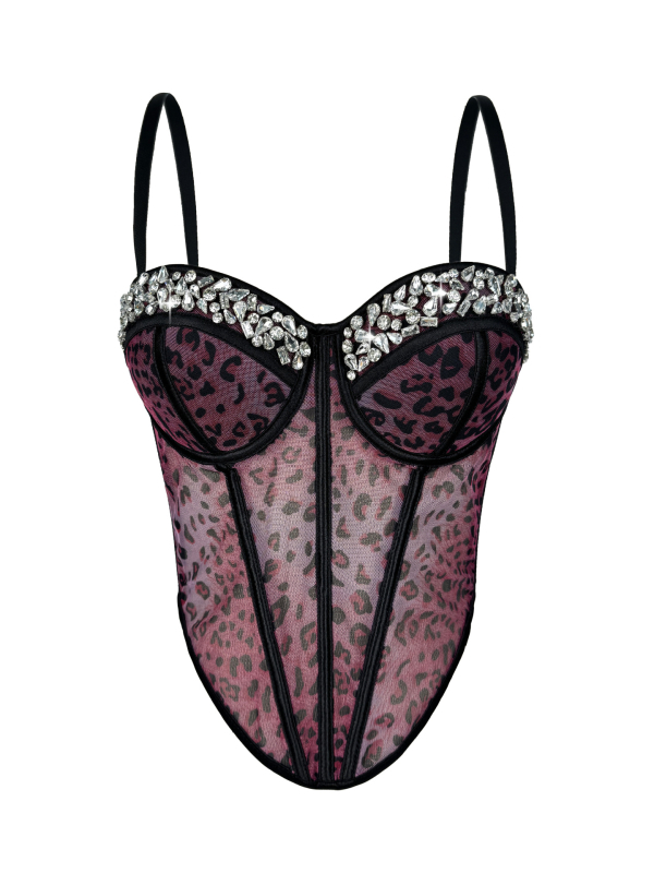 Leopard otisak s rhinestones fishbone mesh cami, sling stil, uski kroj, vrlo kratka duljina, poliester