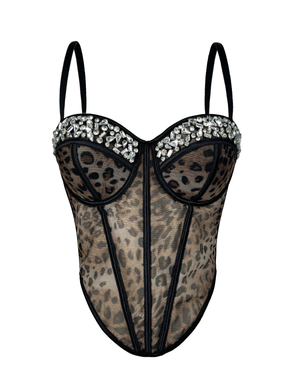 Leopard otisak s rhinestones fishbone mesh cami, sling stil, uski kroj, vrlo kratka duljina, poliester