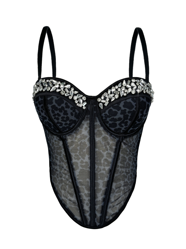 Leopard otisak s rhinestones fishbone mesh cami, sling stil, uski kroj, vrlo kratka duljina, poliester