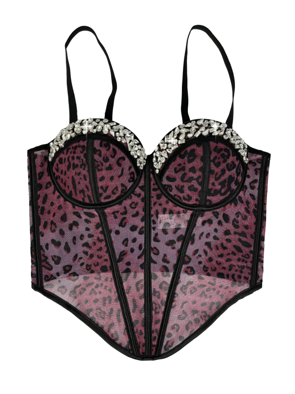 Leopard otisak s rhinestones fishbone mesh cami, sling stil, uski kroj, vrlo kratka duljina, poliester
