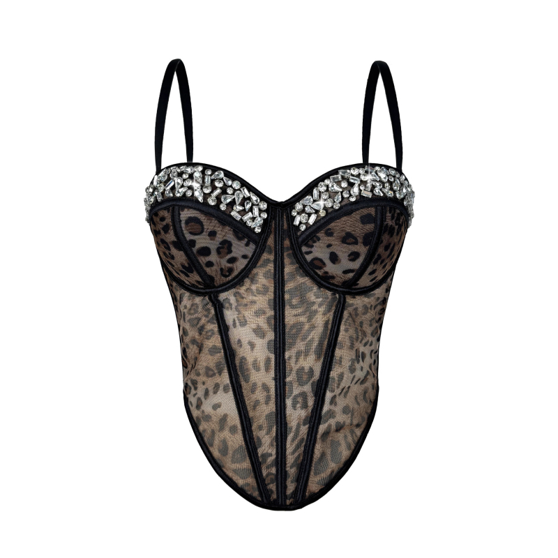 Leopard otisak s rhinestones fishbone mesh cami, sling stil, uski kroj, vrlo kratka duljina, poliester
