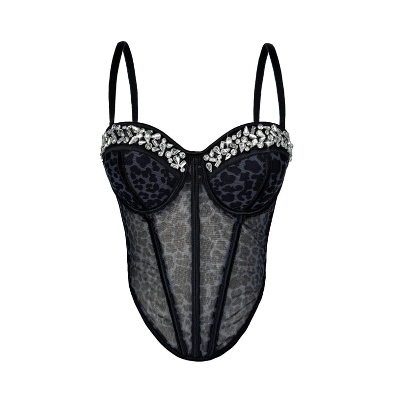 Leopard otisak s rhinestones fishbone mesh cami, sling stil, uski kroj, vrlo kratka duljina, poliester