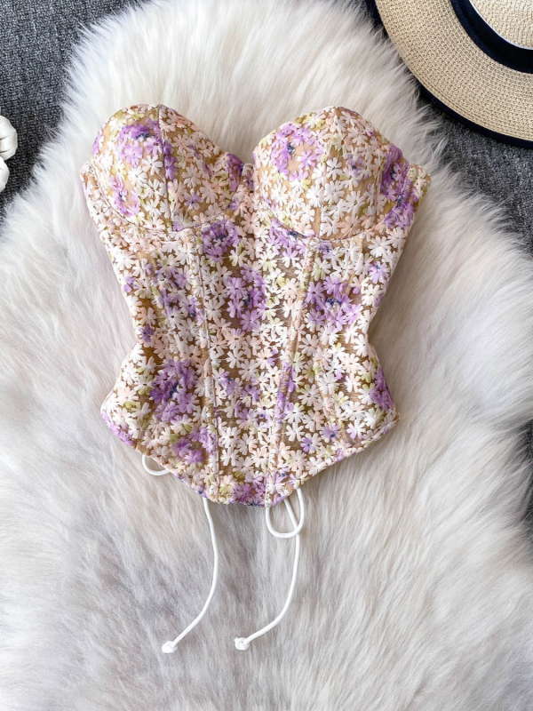 Bustier top s vezom cvijeća, bez naramenica, s kostima, kratak kroj, ženska podrška