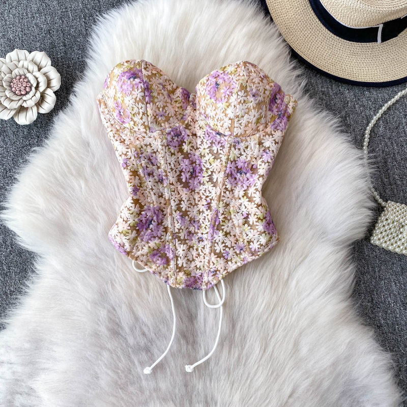 Bustier top s vezom cvijeća, bez naramenica, s kostima, kratak kroj, ženska podrška