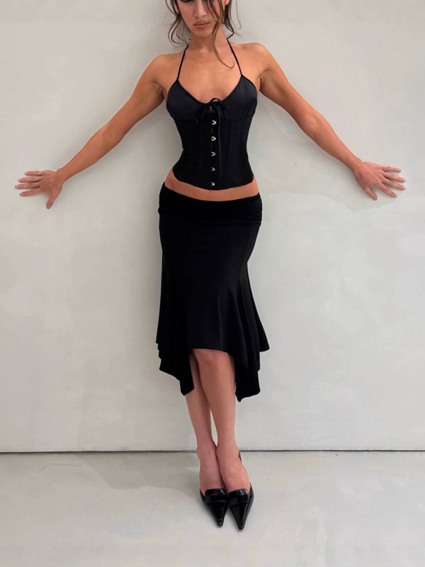 C-gem Halter bustier s fishbone dizajnom, čipka, satenski završetak, kratka duljina 40–50 cm, za žene