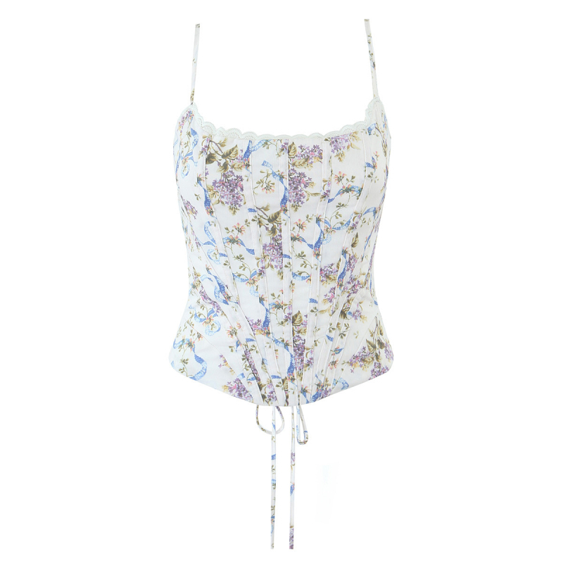 Korset top sa stražnjim trakama - vintage floral uzorak, za žene, ljeto 2025, tkanina Spandex, sadržaj glavne tkanine <30%, odrasle, ulični hipster stil