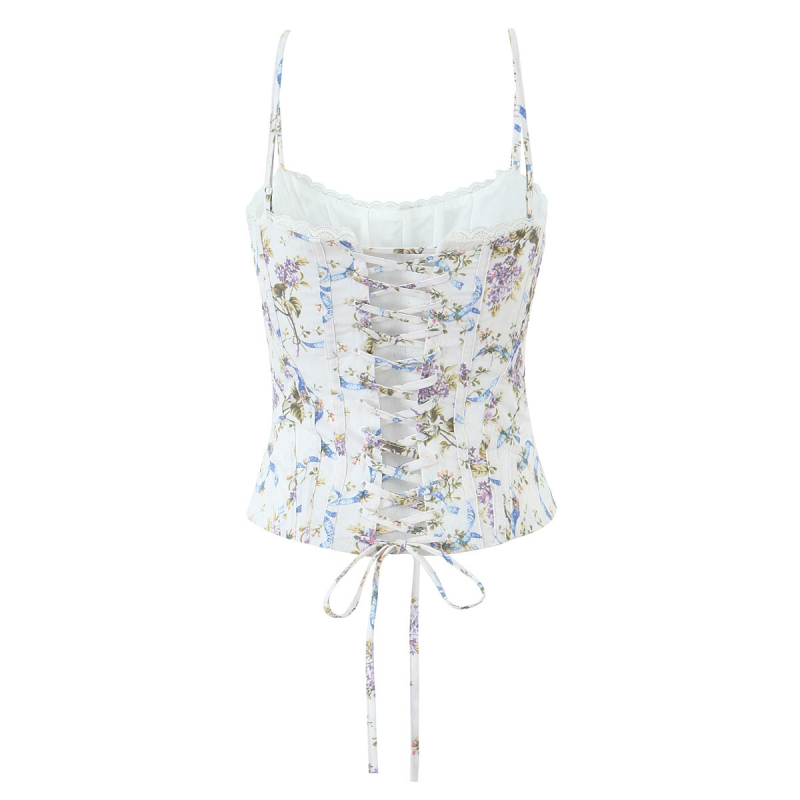 Korset top sa stražnjim trakama - vintage floral uzorak, za žene, ljeto 2025, tkanina Spandex, sadržaj glavne tkanine <30%, odrasle, ulični hipster stil
