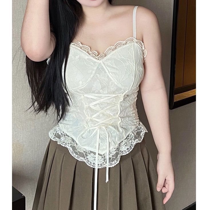 Csipkés halszálka mintázatú camisole, ultra vékony vállpántokkal, 3D mintázat, A-vonalú derekát szorító dizájn