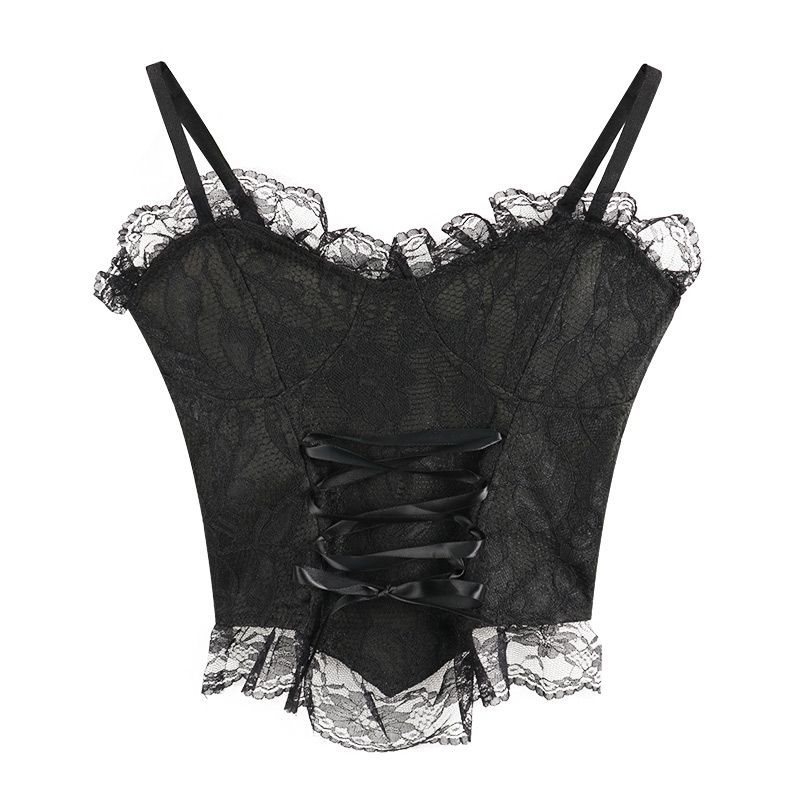 Csipkés halszálka mintázatú camisole, ultra vékony vállpántokkal, 3D mintázat, A-vonalú derekát szorító dizájn