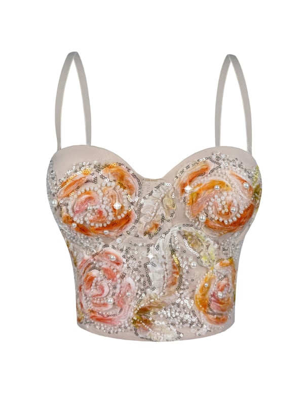 Montisha camisol felső flitteres virágmintával, Slim fit, ultra rövid hossz, poliészter 80–90%