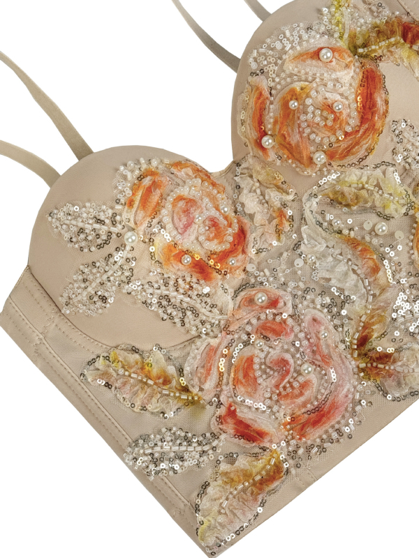 Montisha camisol felső flitteres virágmintával, Slim fit, ultra rövid hossz, poliészter 80–90%