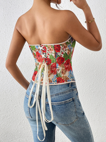 Váll nélküli virágos corset felső, karcsúsított fazon, poliészter anyag, spandex <30%
