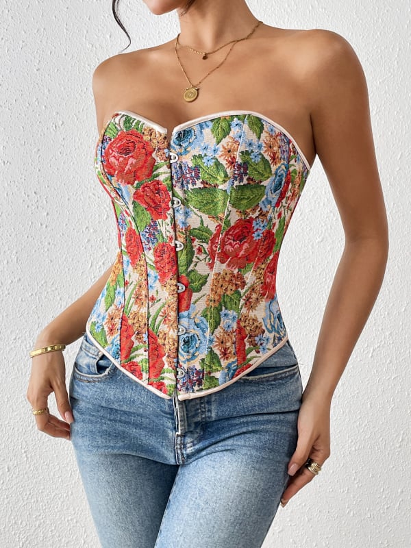 Váll nélküli virágos corset felső, karcsúsított fazon, poliészter anyag, spandex <30%