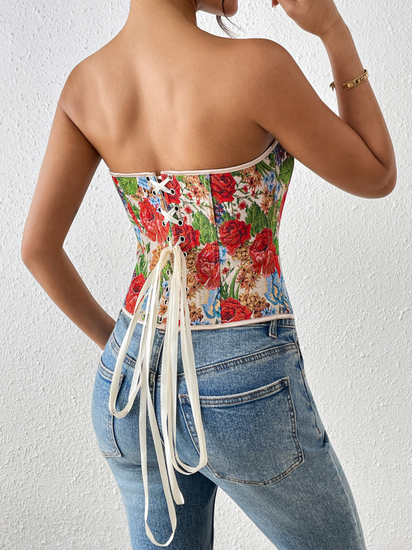 Váll nélküli virágos corset felső, karcsúsított fazon, poliészter anyag, spandex <30%