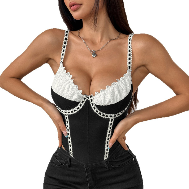 Csipkés hálós halcsontos top, karcsú szabás, rövid hossz 40-50 cm, poliészter 95%+, spandex 30% alatt, dupla vállpánt