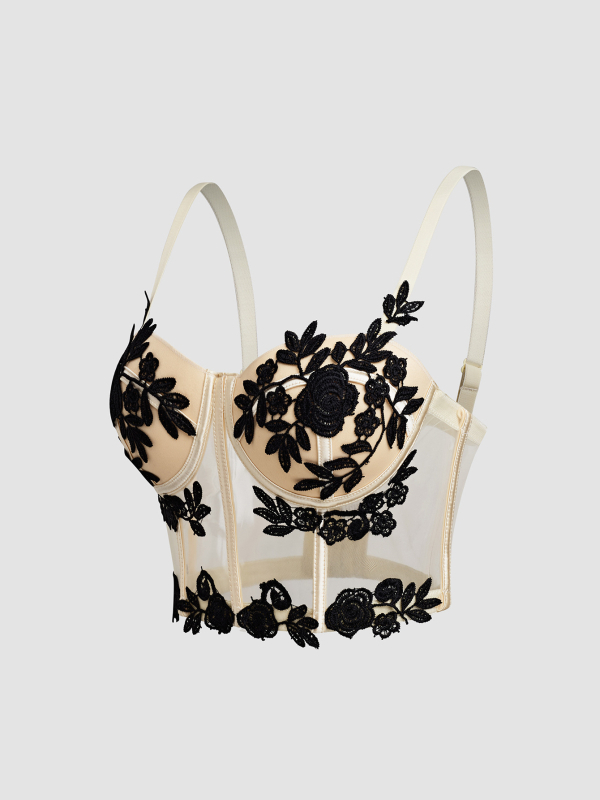 Csipkés virágos hímzett camisole átlátszó hálós anyaggal, szoros fazon