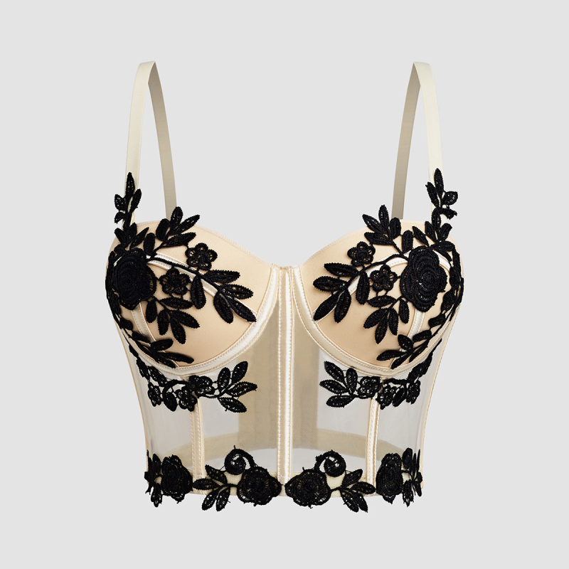 Csipkés virágos hímzett camisole átlátszó hálós anyaggal, szoros fazon