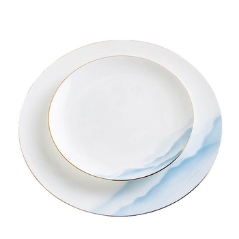 Csont porcelán étkészlet – tálak és tányérok, virágos mintázat, modern minimál stílus, kerek forma