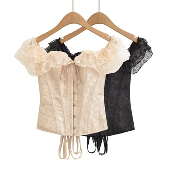 Csipkés camisole felső corset deréktámasz övvel, szűk fazon, váll nélküli, pull-over stílus, hossz 50–65 cm, poliészter anyag