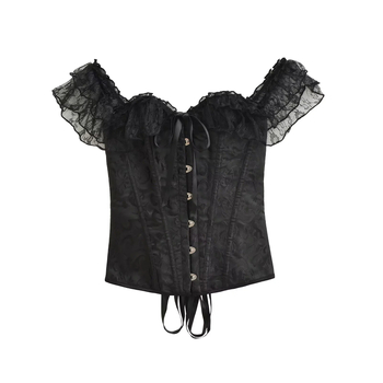 Csipkés camisole felső corset deréktámasz övvel, szűk fazon, váll nélküli, pull-over stílus, hossz 50–65 cm, poliészter anyag