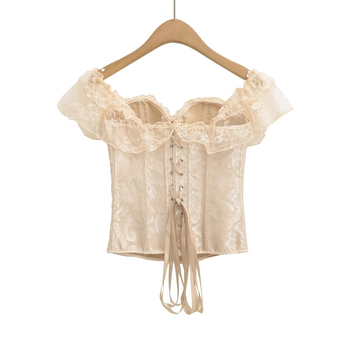 Csipkés camisole felső corset deréktámasz övvel, szűk fazon, váll nélküli, pull-over stílus, hossz 50–65 cm, poliészter anyag