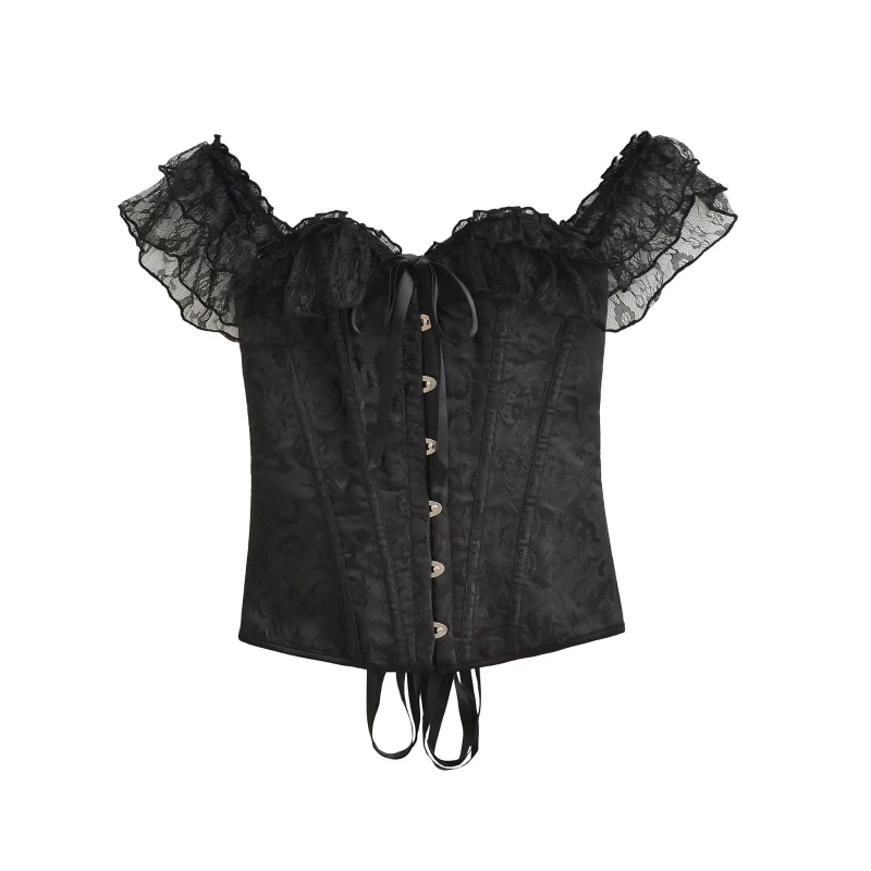 Csipkés camisole felső corset deréktámasz övvel, szűk fazon, váll nélküli, pull-over stílus, hossz 50–65 cm, poliészter anyag