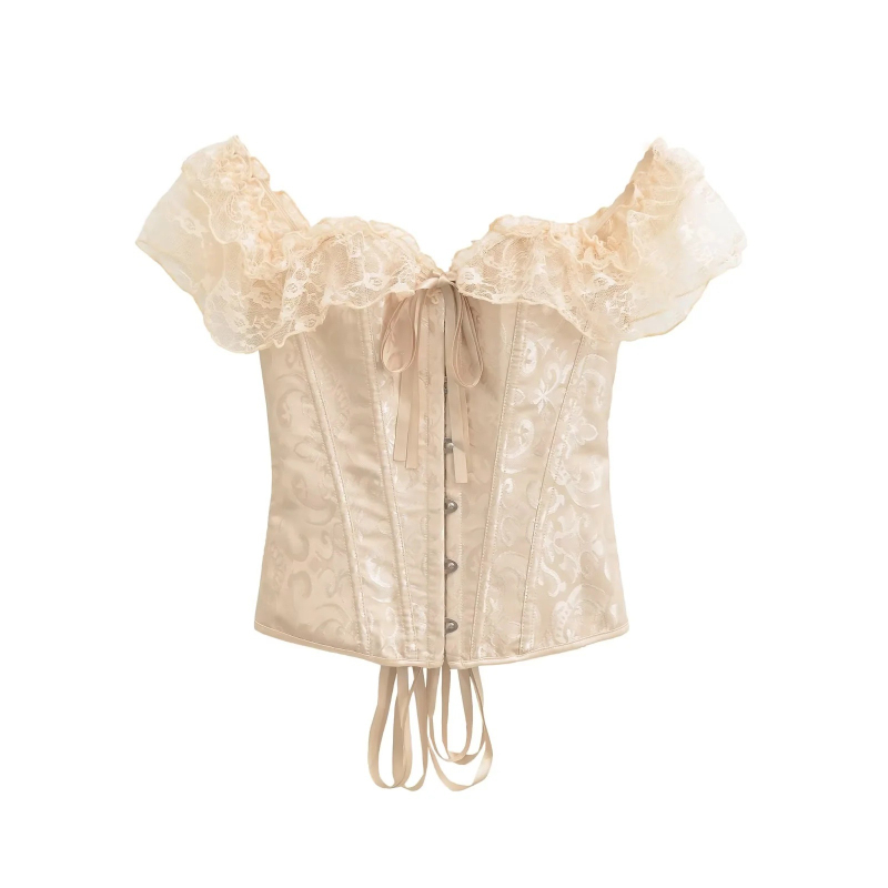 Csipkés camisole felső corset deréktámasz övvel, szűk fazon, váll nélküli, pull-over stílus, hossz 50–65 cm, poliészter anyag