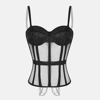 Hálós bustier felső csontozattal, fix vállpántokkal, karcsú szabás, rövid hossz 40–50 cm
