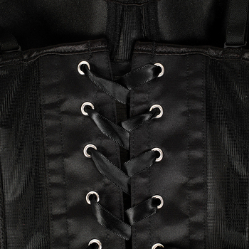 Hálós bustier felső csontozattal, fix vállpántokkal, karcsú szabás, rövid hossz 40–50 cm