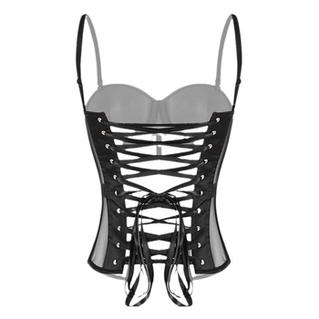 Hálós bustier felső csontozattal, fix vállpántokkal, karcsú szabás, rövid hossz 40–50 cm