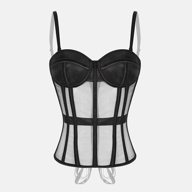 Hálós bustier felső csontozattal, fix vállpántokkal, karcsú szabás, rövid hossz 40–50 cm
