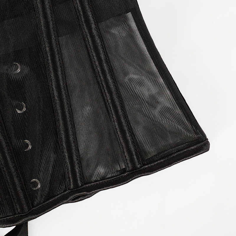 Hálós bustier felső csontozattal, fix vállpántokkal, karcsú szabás, rövid hossz 40–50 cm