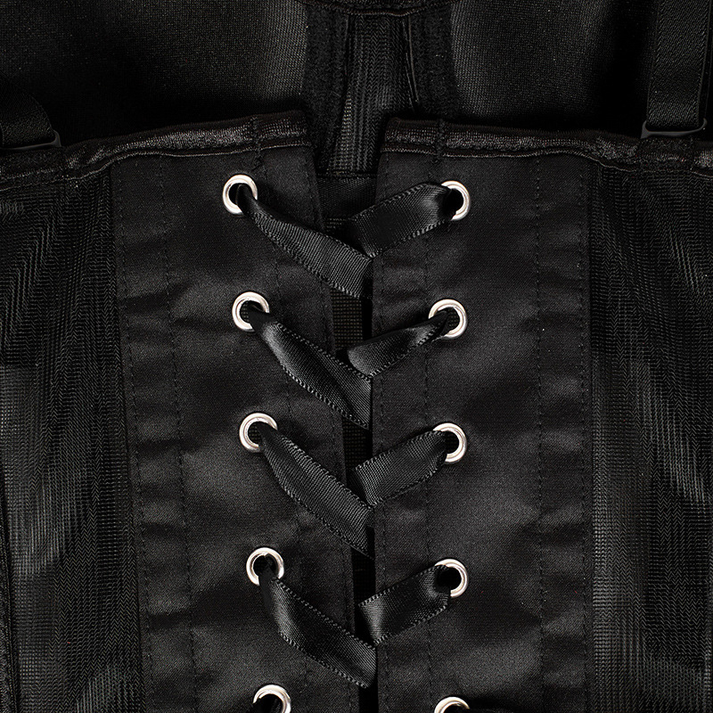 Hálós bustier felső csontozattal, fix vállpántokkal, karcsú szabás, rövid hossz 40–50 cm