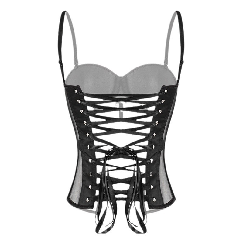 Hálós bustier felső csontozattal, fix vállpántokkal, karcsú szabás, rövid hossz 40–50 cm