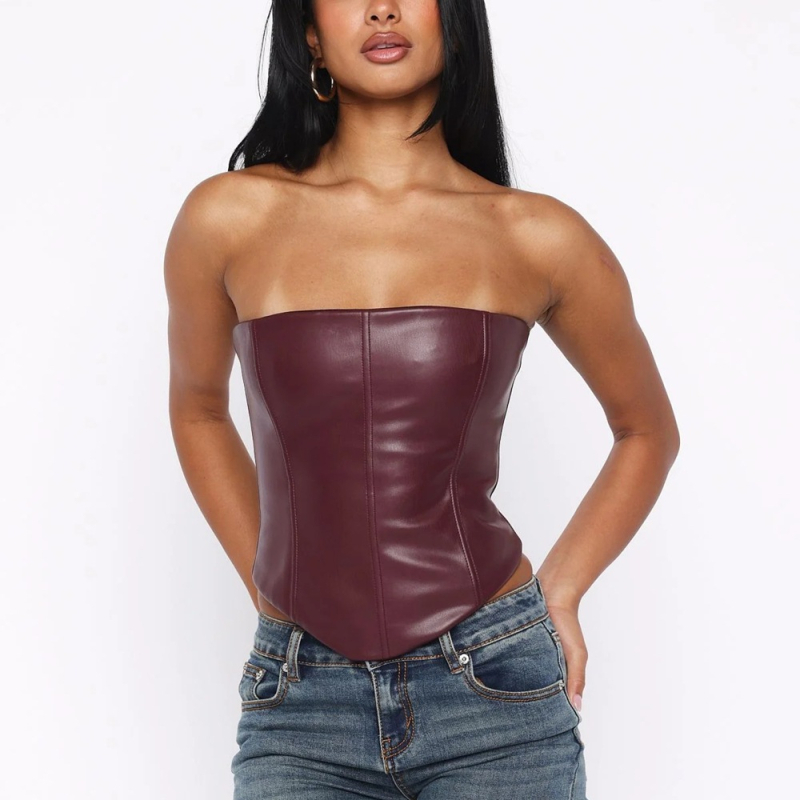 Kožni korzet bez naramenica s kostima, uski kroj, tube top stil