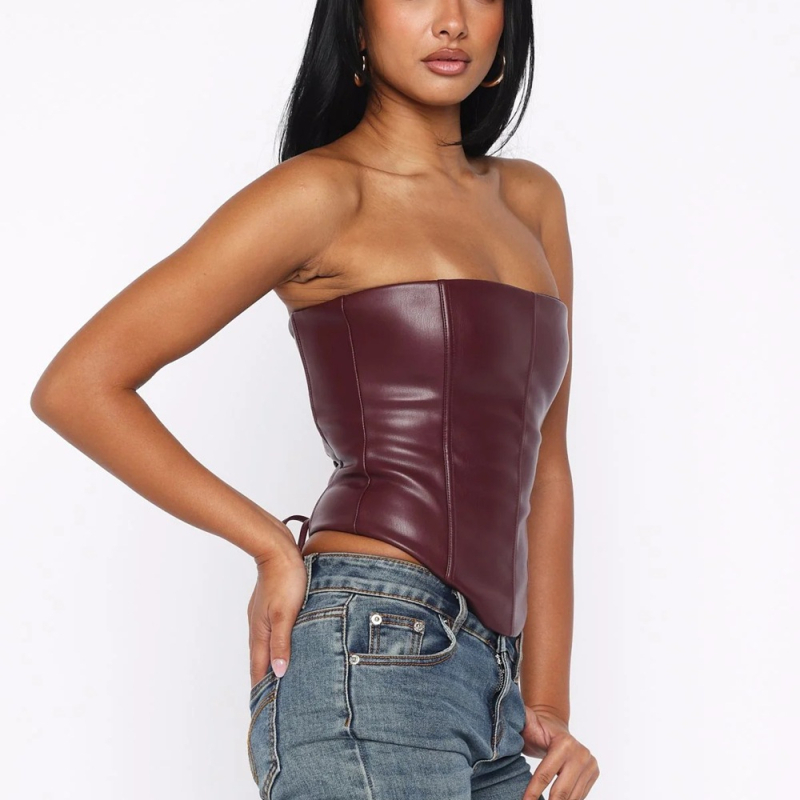 Kožni korzet bez naramenica s kostima, uski kroj, tube top stil