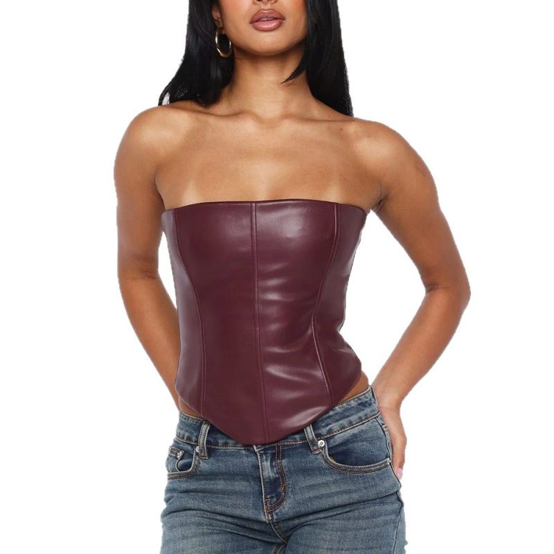 Kožni korzet bez naramenica s kostima, uski kroj, tube top stil