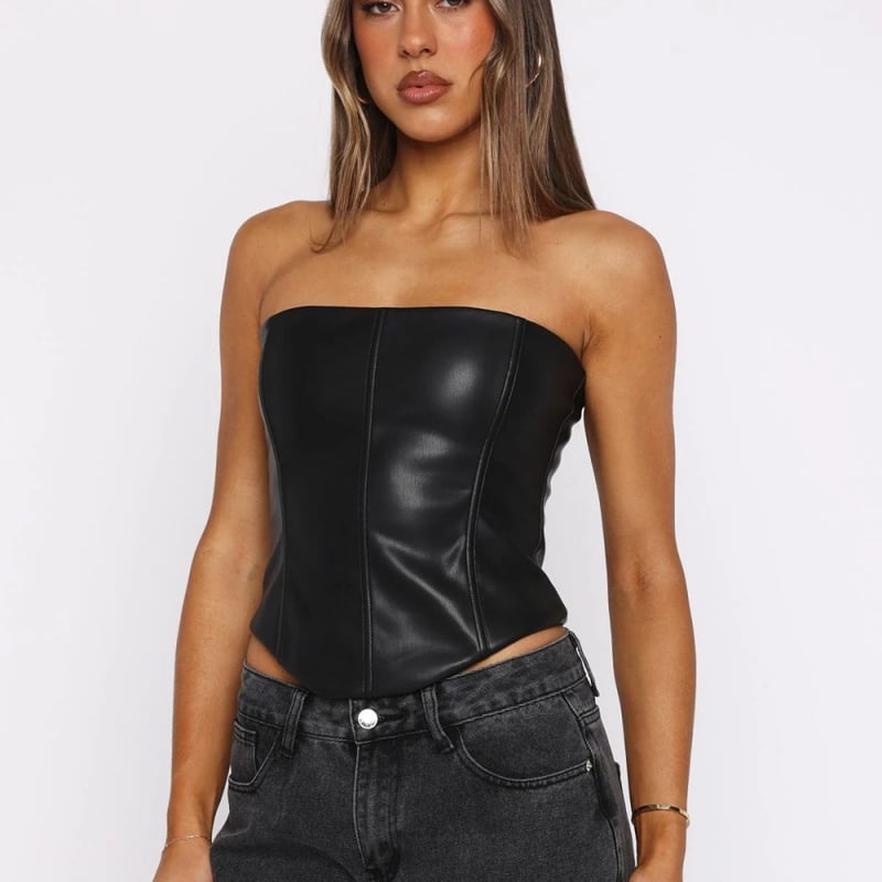 Kožni korzet bez naramenica s kostima, uski kroj, tube top stil