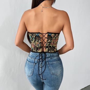 Floral jacquard csőtop váll nélküli, karcsú szabás, rövid hossz, poliészter anyag (90–95% poliészter)