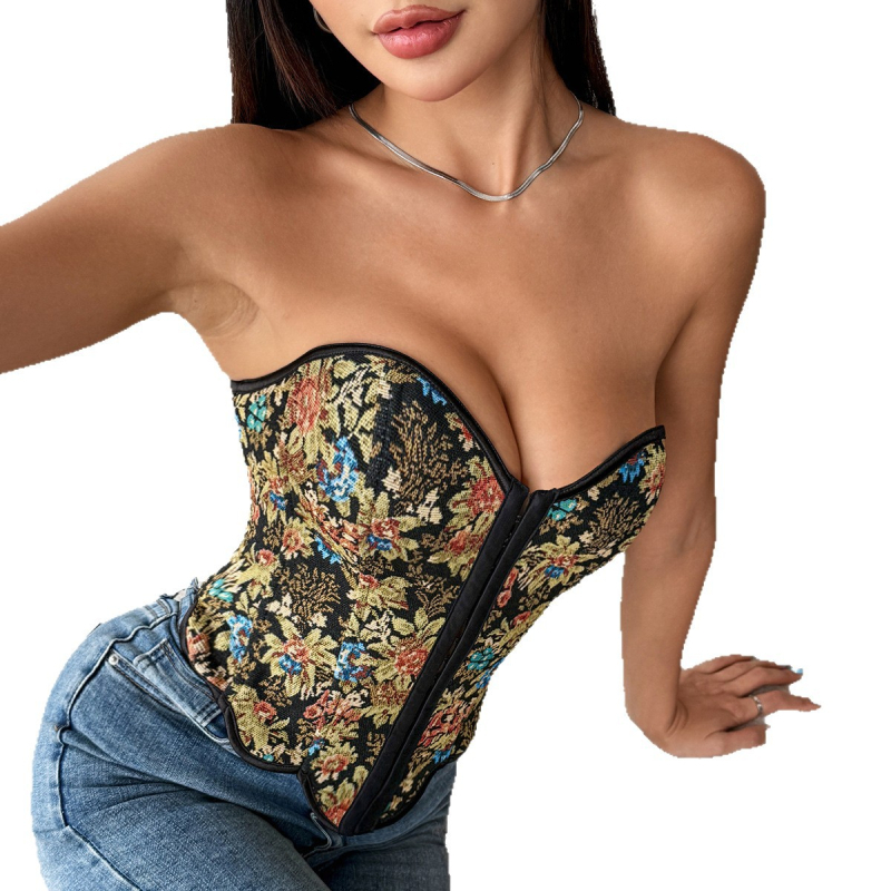 Floral jacquard csőtop váll nélküli, karcsú szabás, rövid hossz, poliészter anyag (90–95% poliészter)