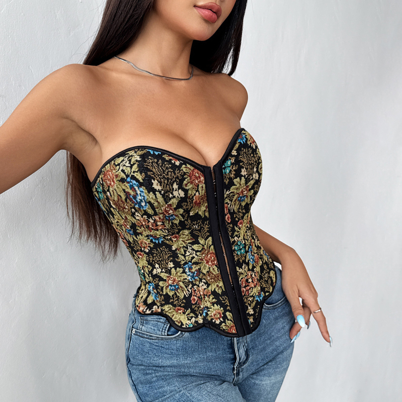 Floral jacquard csőtop váll nélküli, karcsú szabás, rövid hossz, poliészter anyag (90–95% poliészter)