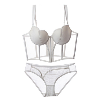 Francia stílusú hálós corset-bra készlet 1/2 kosárral, vékony formázott kosárkák, push-up, rögzített dupla vállpántok, elöl 7 gombos zárás, luxus kivitel