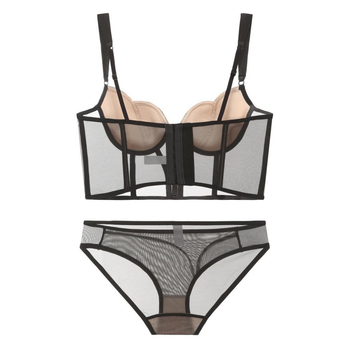 Francia stílusú hálós corset-bra készlet 1/2 kosárral, vékony formázott kosárkák, push-up, rögzített dupla vállpántok, elöl 7 gombos zárás, luxus kivitel