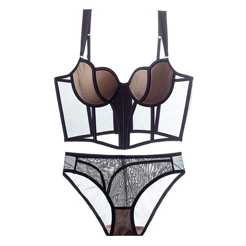 Francia stílusú hálós corset-bra készlet 1/2 kosárral, vékony formázott kosárkák, push-up, rögzített dupla vállpántok, elöl 7 gombos zárás, luxus kivitel
