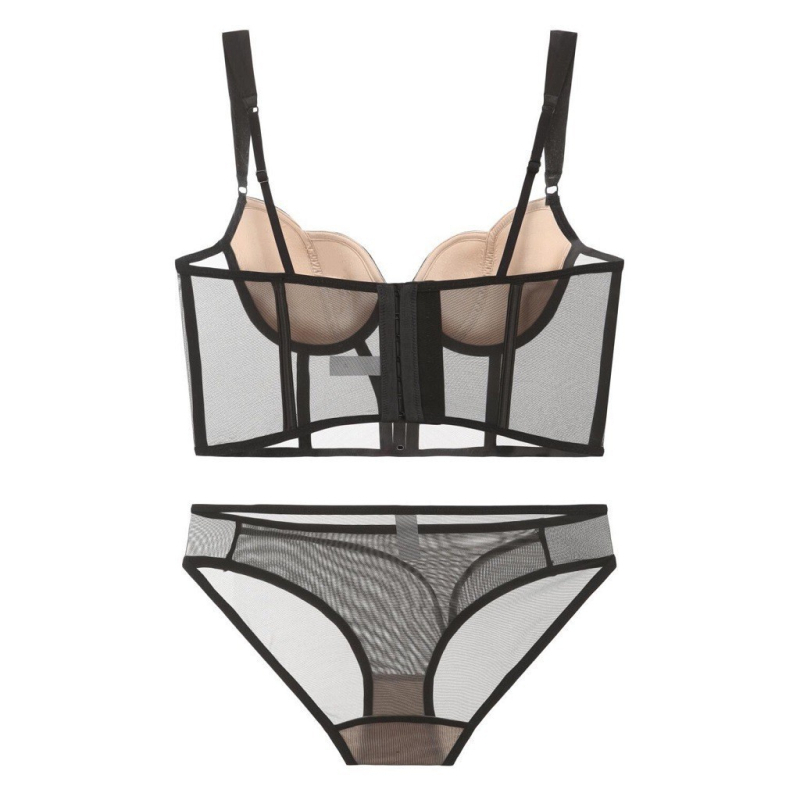 Francia stílusú hálós corset-bra készlet 1/2 kosárral, vékony formázott kosárkák, push-up, rögzített dupla vállpántok, elöl 7 gombos zárás, luxus kivitel