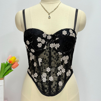 Τοπ χωρίς τιράντες τύπου σωλήνας με εσωτερική στήριξη ψαροκόκαλο, διάφανη δαντέλα με χρυσές κλωστές, φλοράλ μοτίβο, υπερ-κοντό μήκος, πολυεστέρας