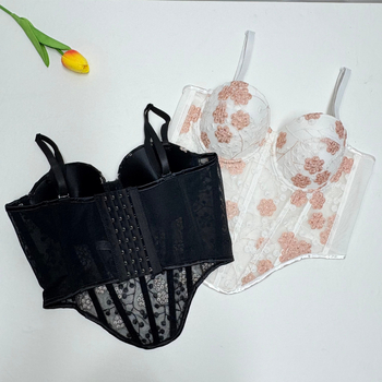 Τοπ χωρίς τιράντες τύπου σωλήνας με εσωτερική στήριξη ψαροκόκαλο, διάφανη δαντέλα με χρυσές κλωστές, φλοράλ μοτίβο, υπερ-κοντό μήκος, πολυεστέρας